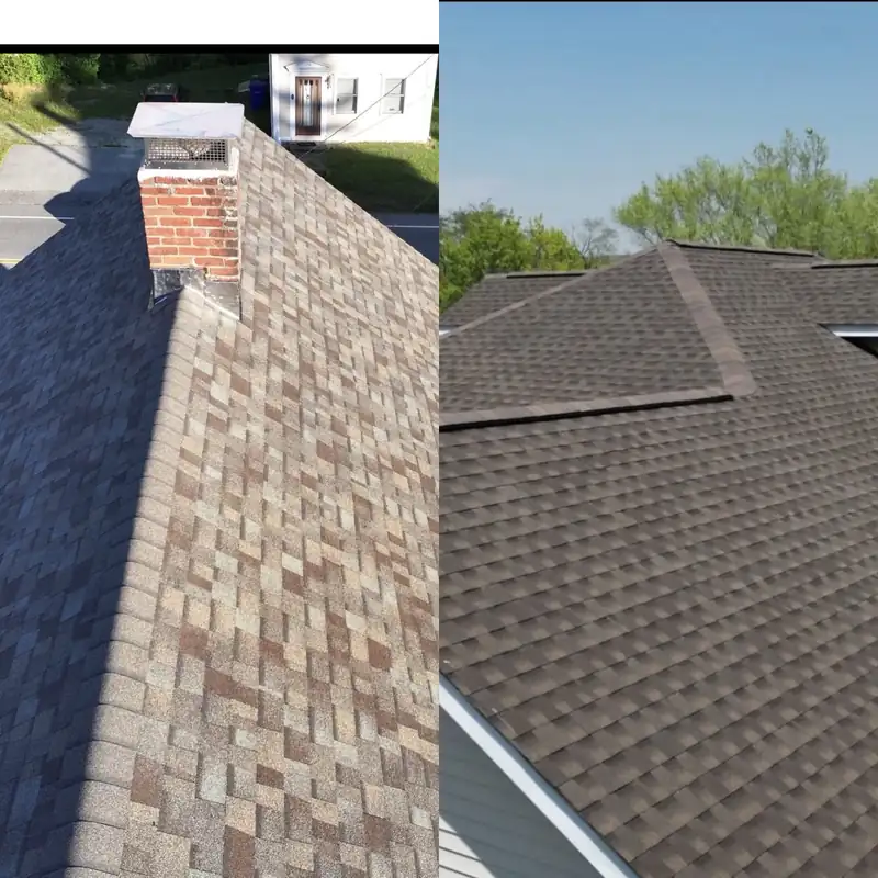 Before and after: worn asphalt shingles beside a new architectural shingle roof with a brick chimney